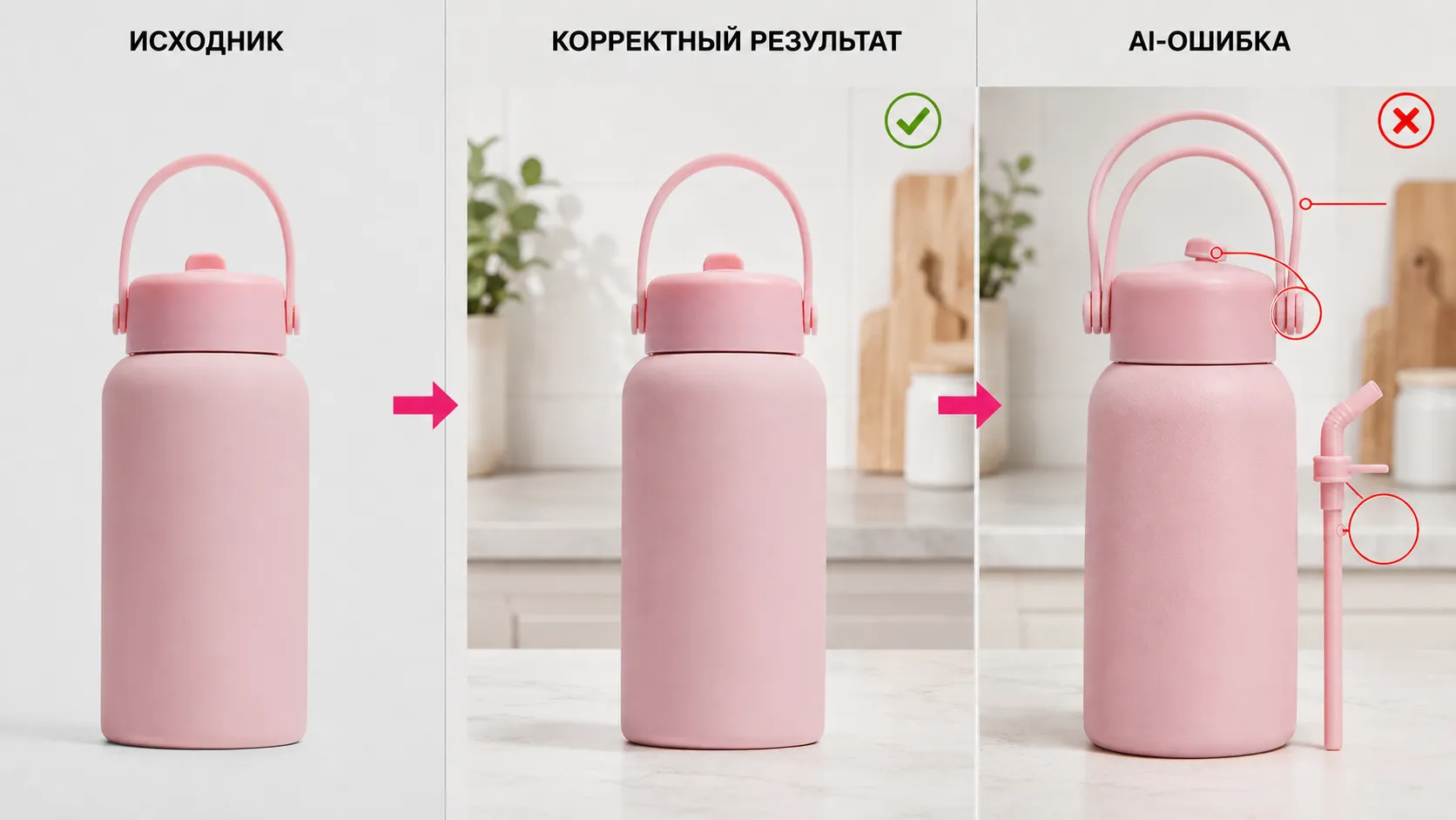 Сравнение: исходник, корректный результат генерации и AI-ошибка на примере термобутылки