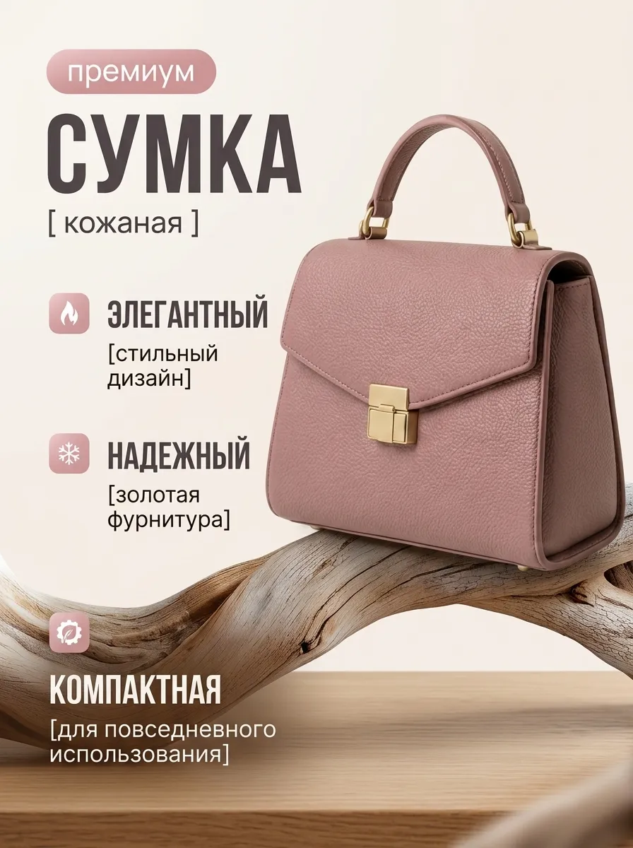 Слайд с преимуществами кожаной сумки: элегантная, надёжная, компактная