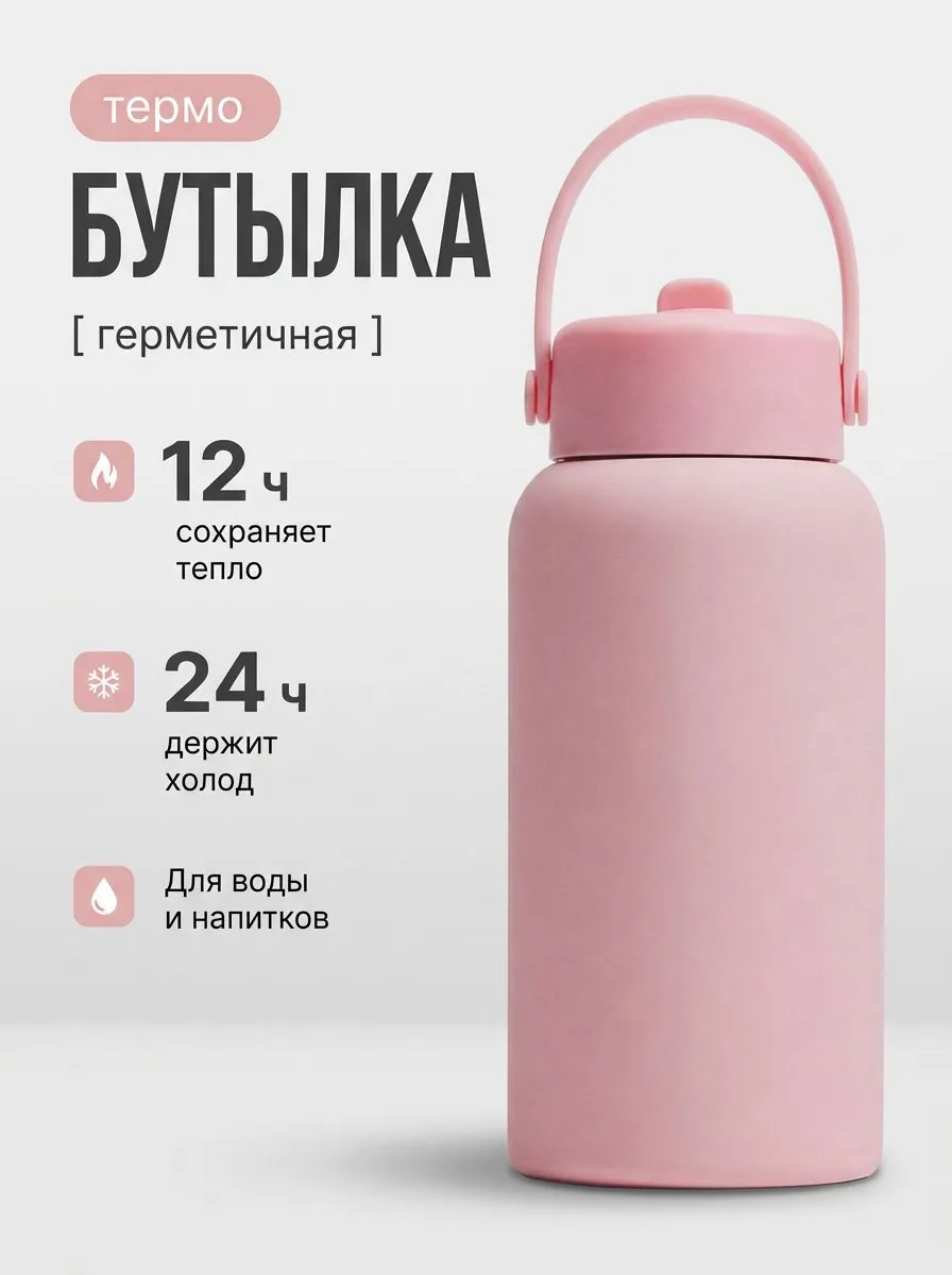Главный слайд инфографики термобутылки с короткими преимуществами: сохраняет тепло 12 часов, держит холод 24 часа